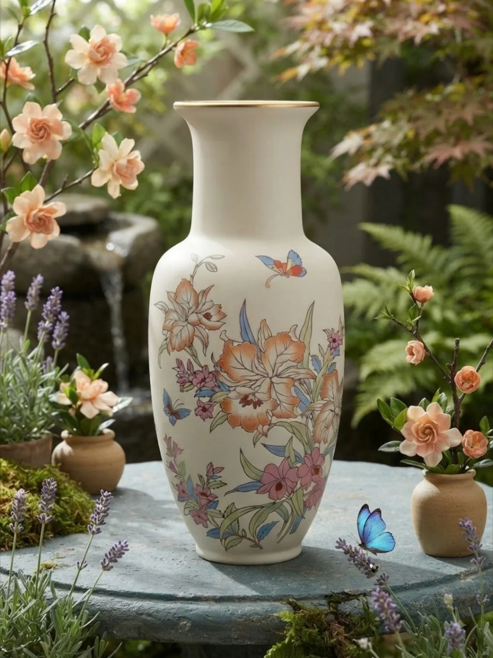 ​Vintage White Ceramic Floral Vase Gold Trim Butterfly Decor 12